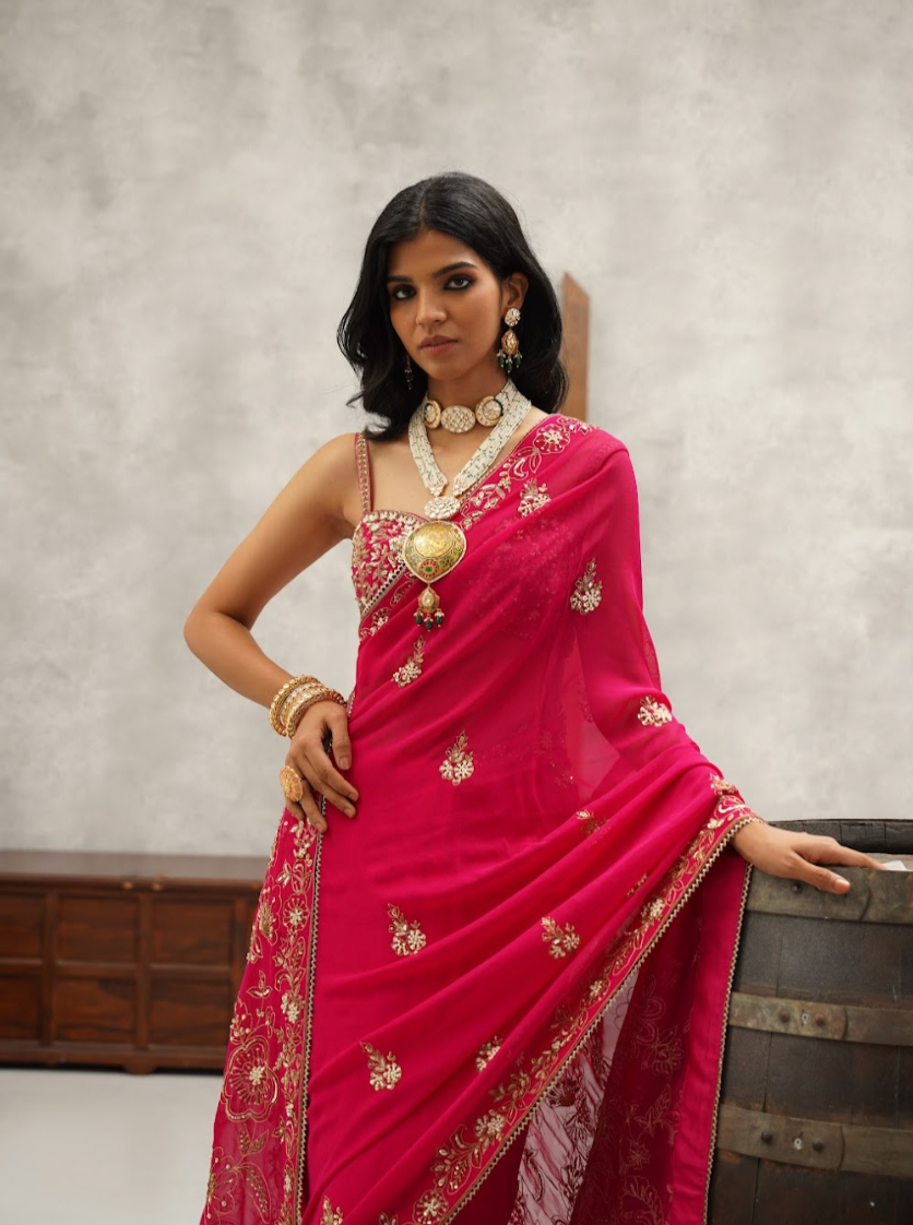 Fuschia Embroidered Saree and blouse set