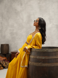 Mustard Banarsi Jacket Crop Top and Sharara Set