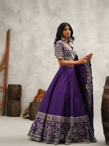 Purple embroidered blouse, lehenga and dupatta set