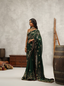 Bottle green embroidered saree and blouse set