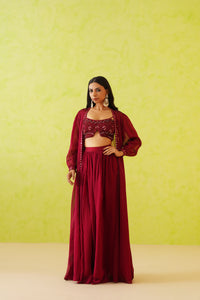 Maroon embroidered croptop, Jacket and Skirt set