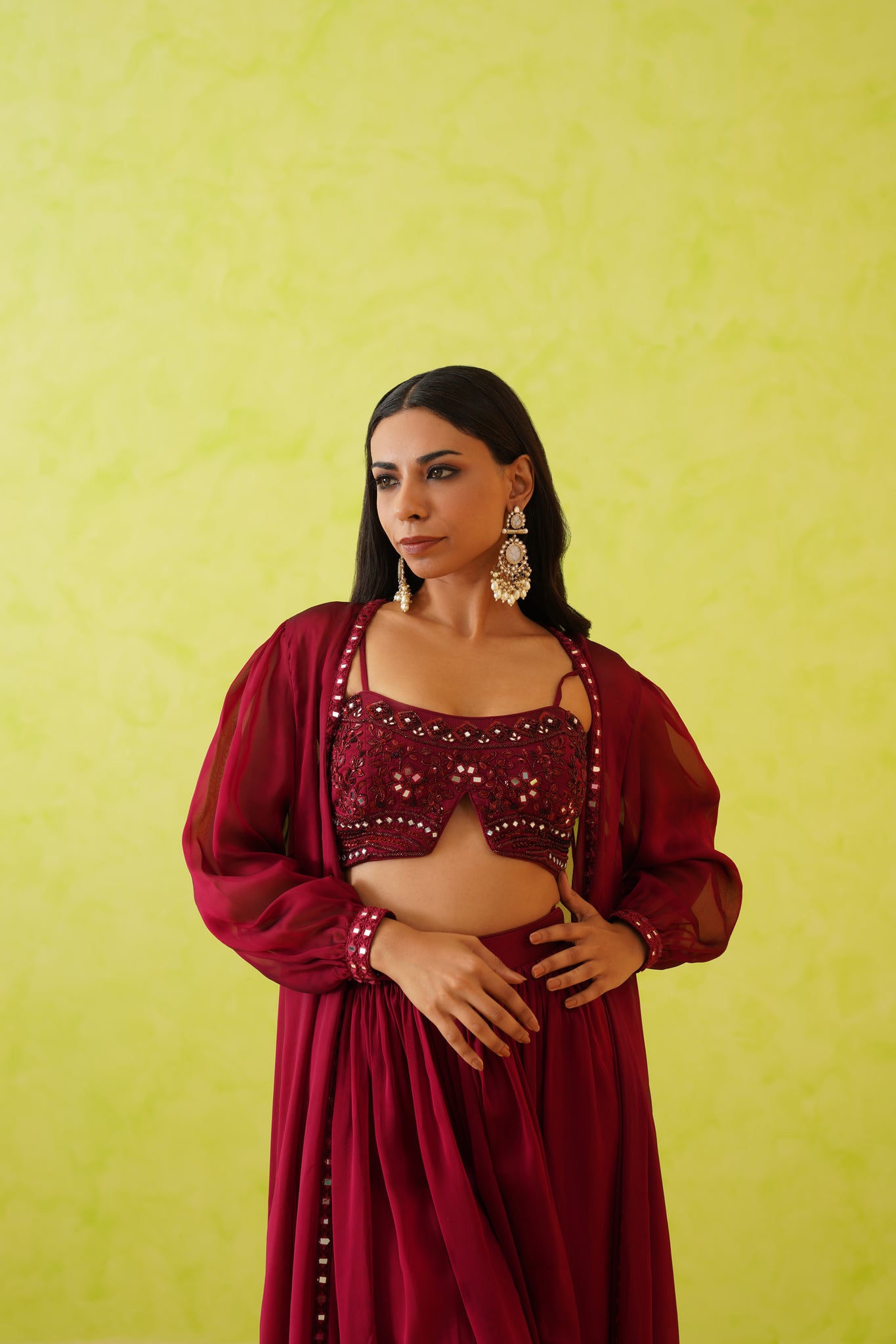 Maroon embroidered croptop, Jacket and Skirt set