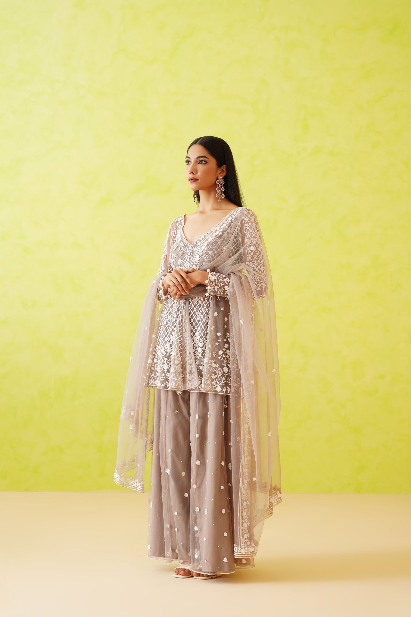 Grey embroidered Kurti, Sharara and Dupatta Set