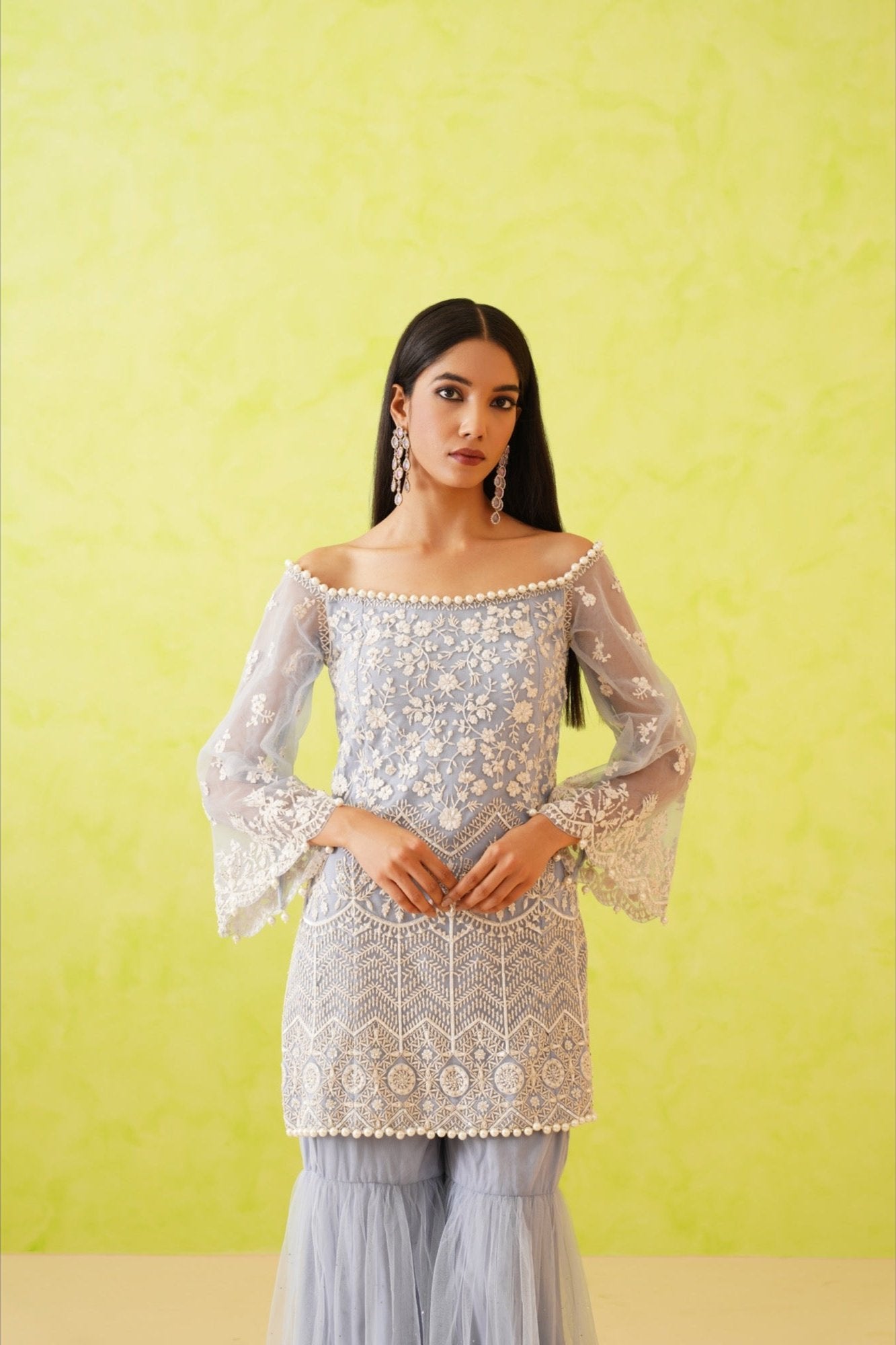 Powder blue embroidered Kurti, Garara and Dupatta Set