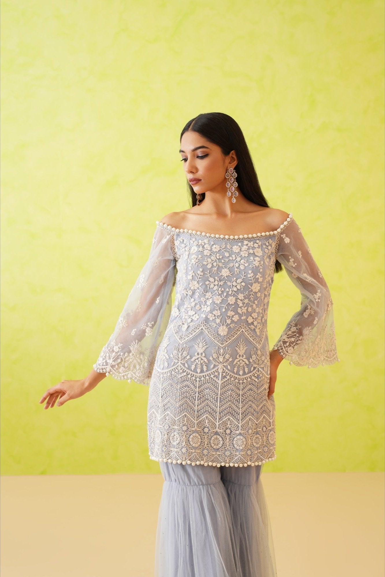 Powder blue embroidered Kurti, Garara and Dupatta Set