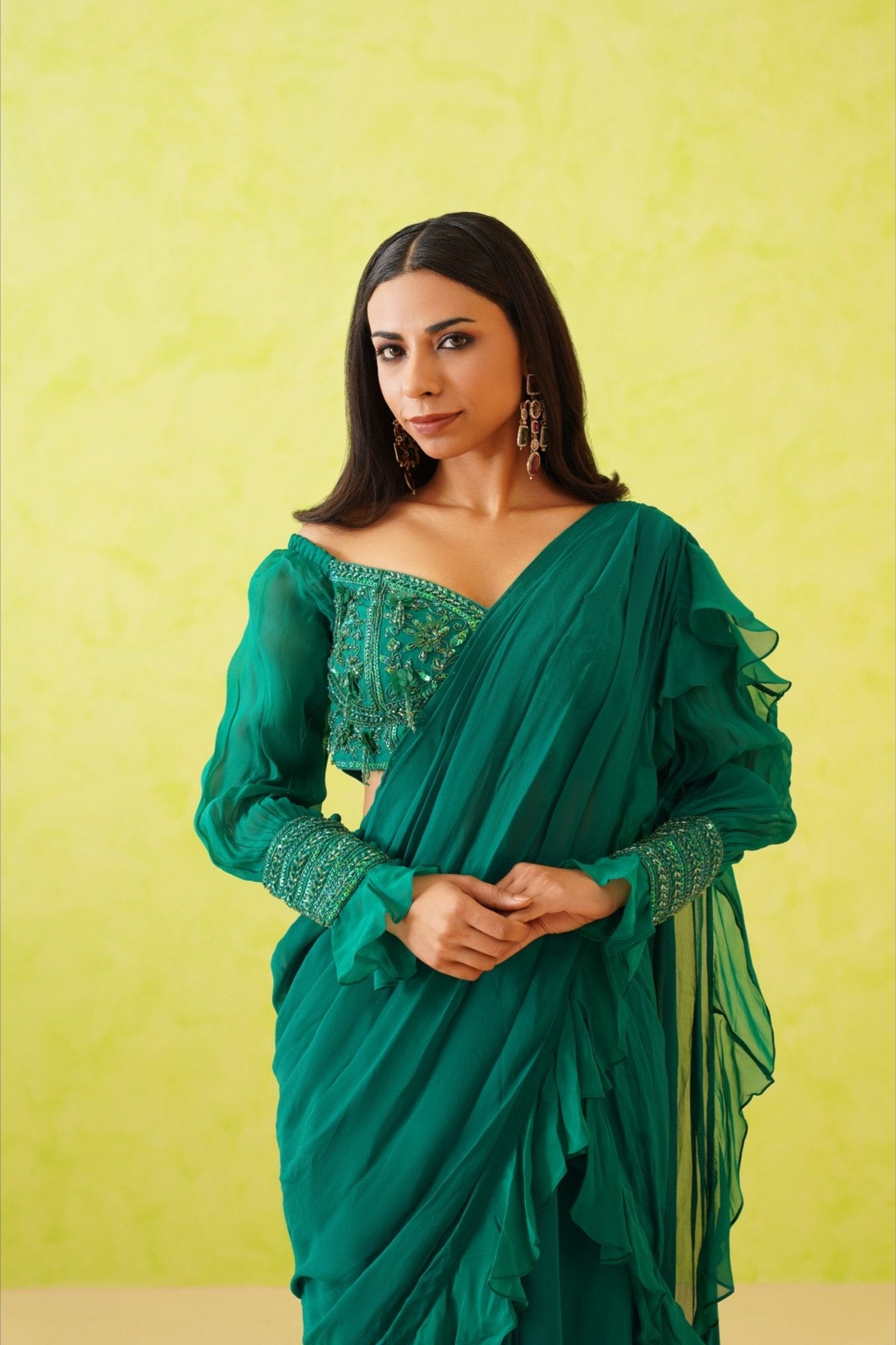 Green drape saree and embroidered blouse set