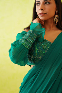 Green drape saree and embroidered blouse set