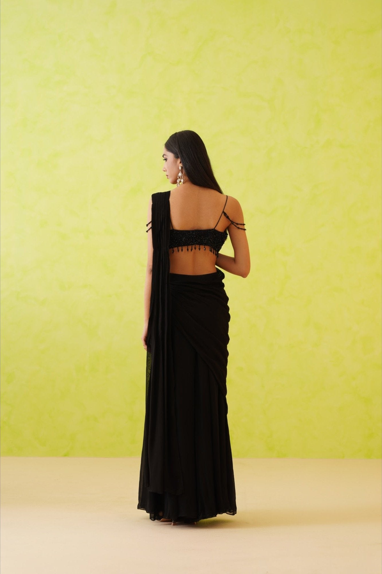 Black drape saree and embroidered blouse set