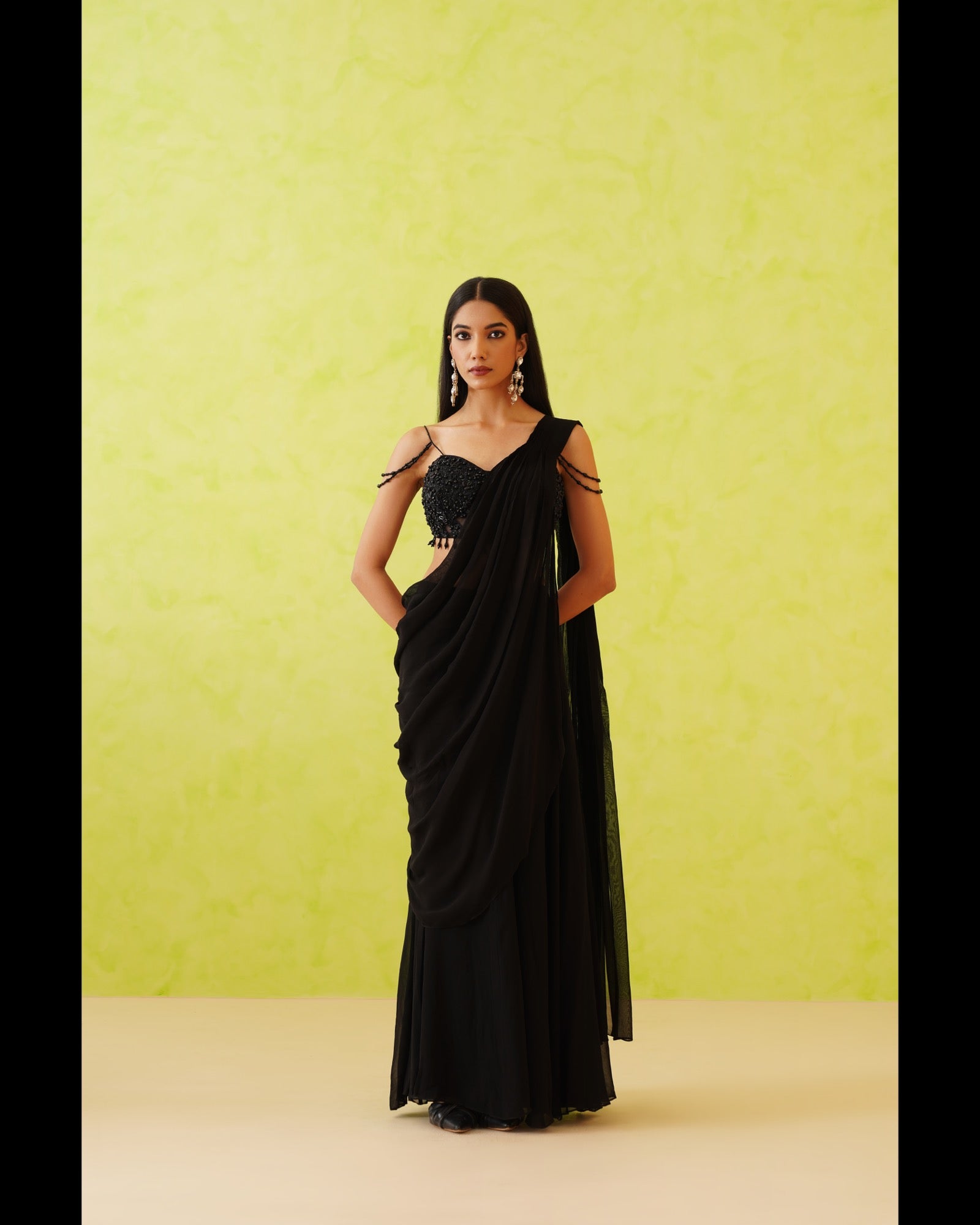 Black drape saree and embroidered blouse set