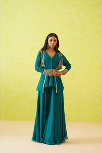 Green Jacket Long top and Sharara Set