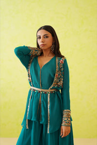 Green Jacket Long top and Sharara Set