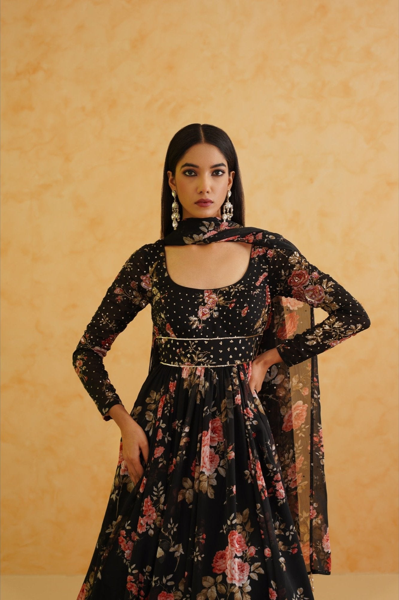 Black printed anarkali, churidar and dupatta set