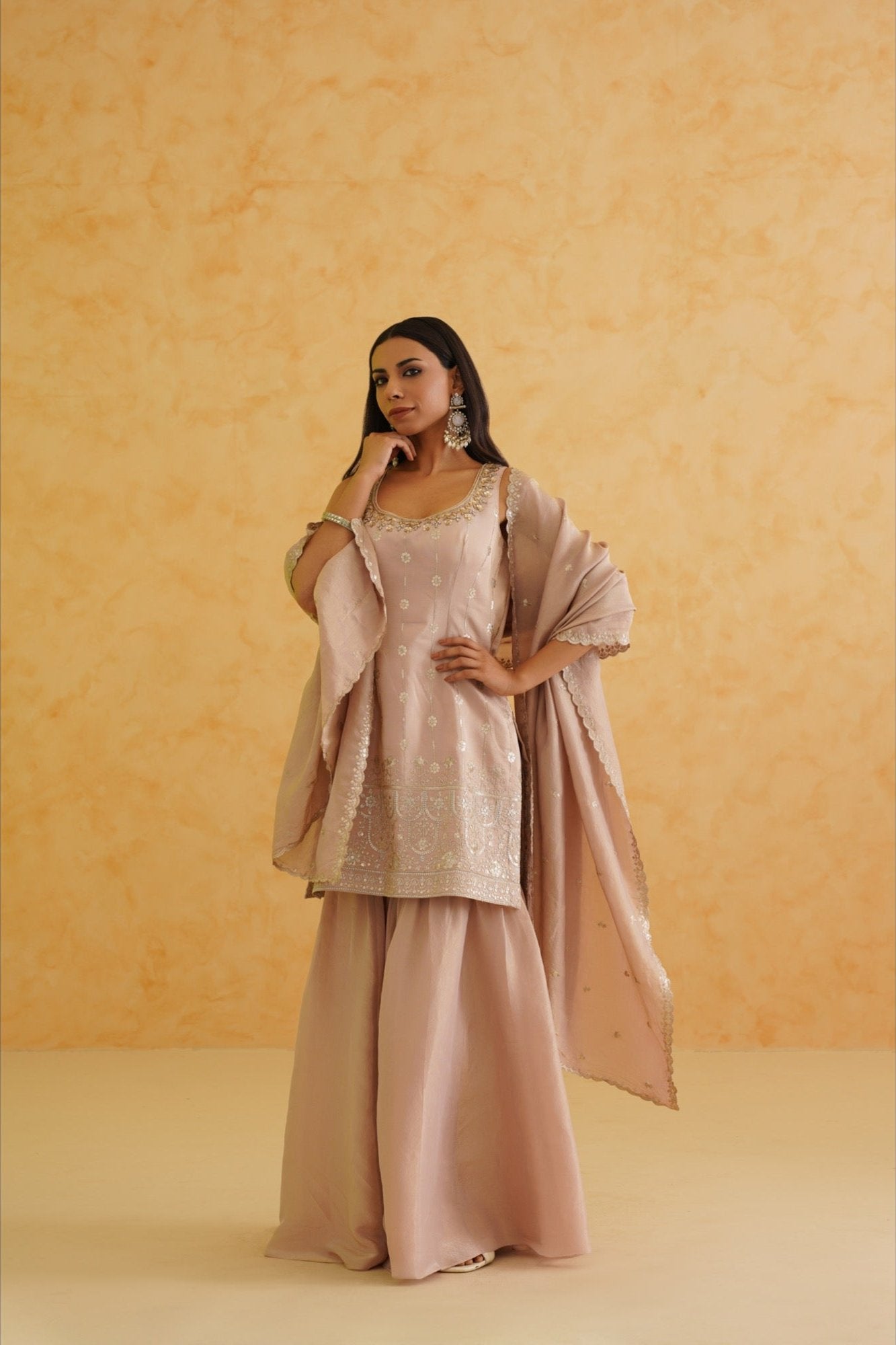 Blush pink georgette tissue sharara, Kurti and dupatta Set