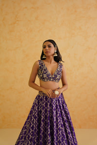 Purple brocade lehenga, blouse and dupatta Set