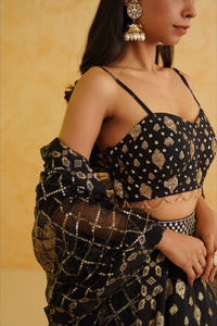 Black brocade lehenga, blouse and dupatta Set