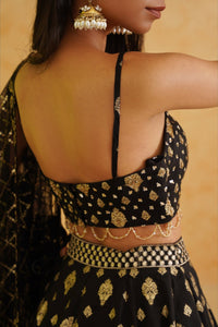 Black brocade lehenga, blouse and dupatta Set