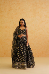 Black brocade lehenga, blouse and dupatta Set