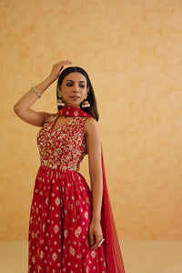 Red brocade anarkali, churidar and dupatta set