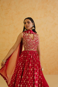 Red brocade anarkali, churidar and dupatta set