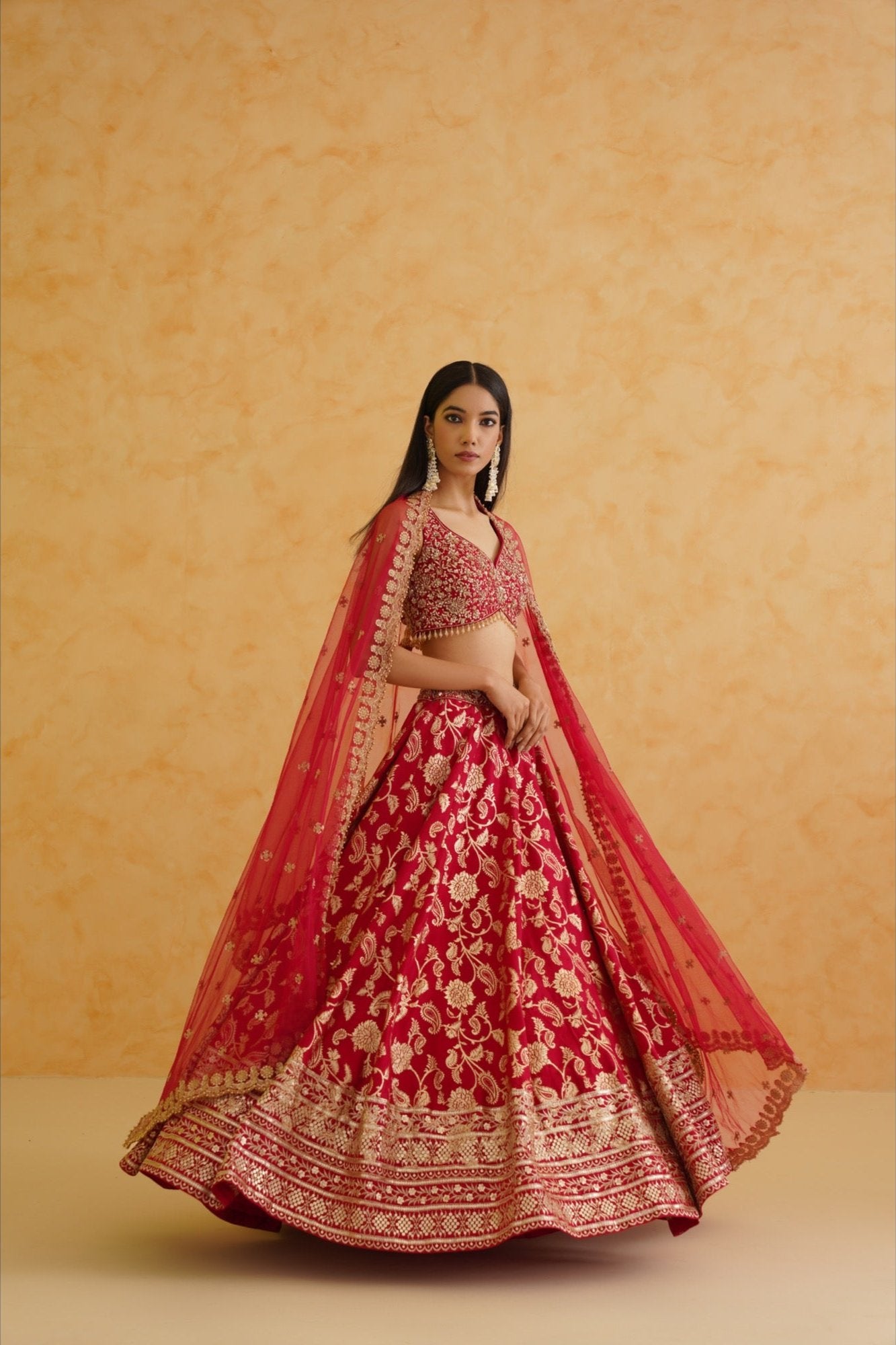 Fuschia brocade lehenga, blouse and dupatta Set