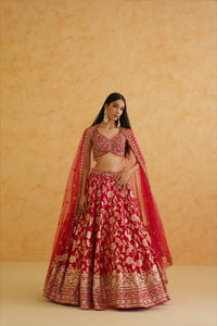 Fuschia brocade lehenga, blouse and dupatta Set