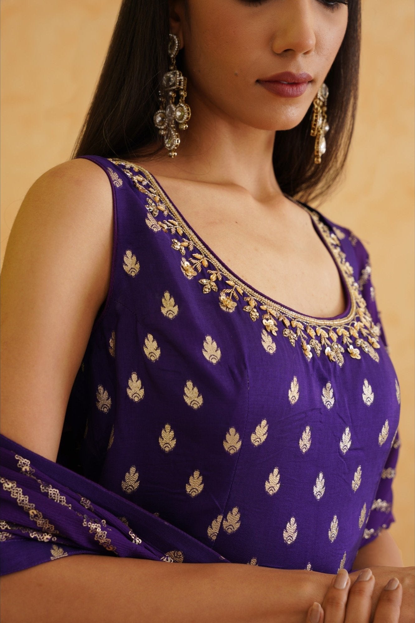 Purple Brocade Kurti Sharara Set