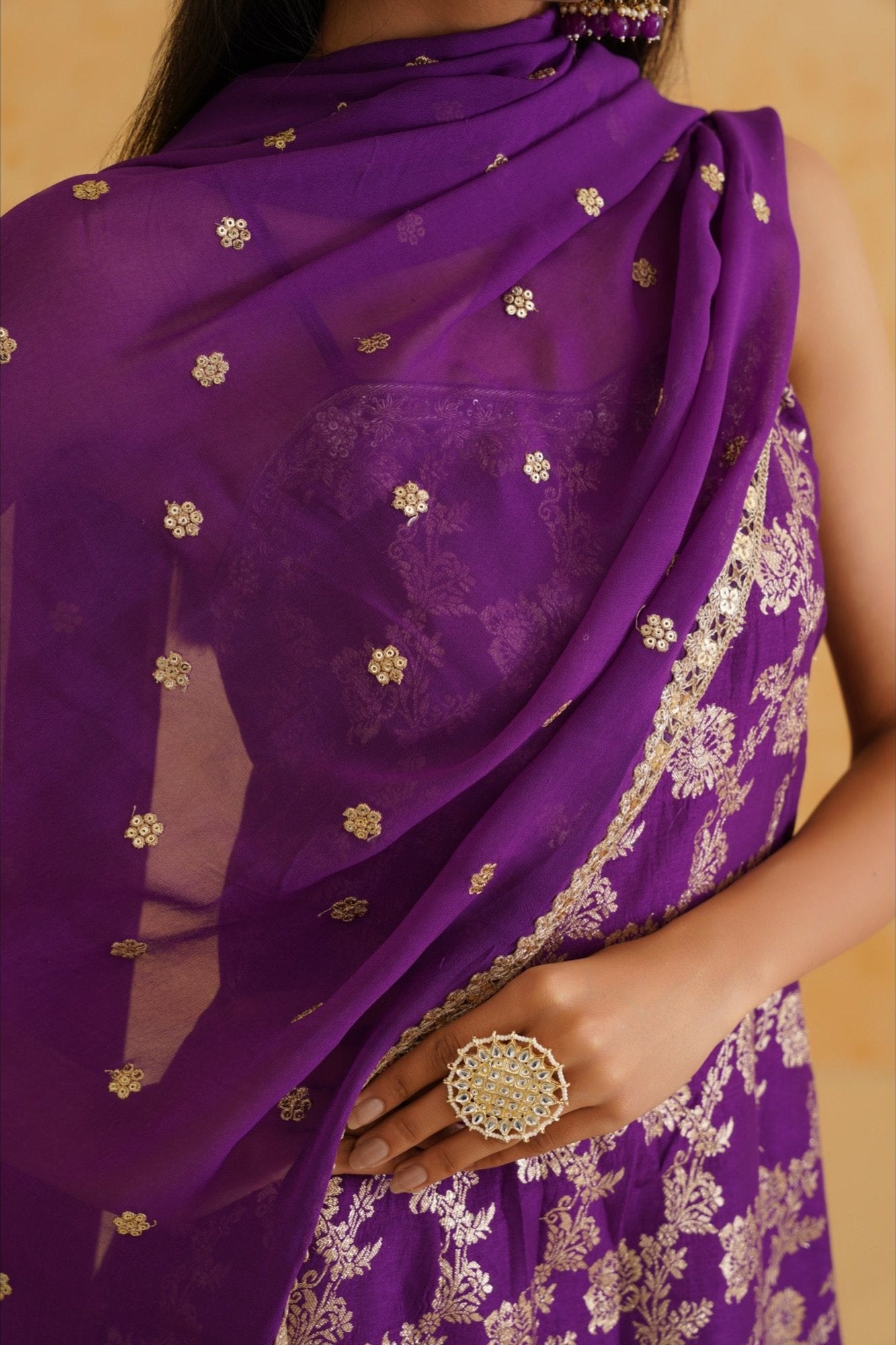 Purple Brocade Kurti Sharara Set