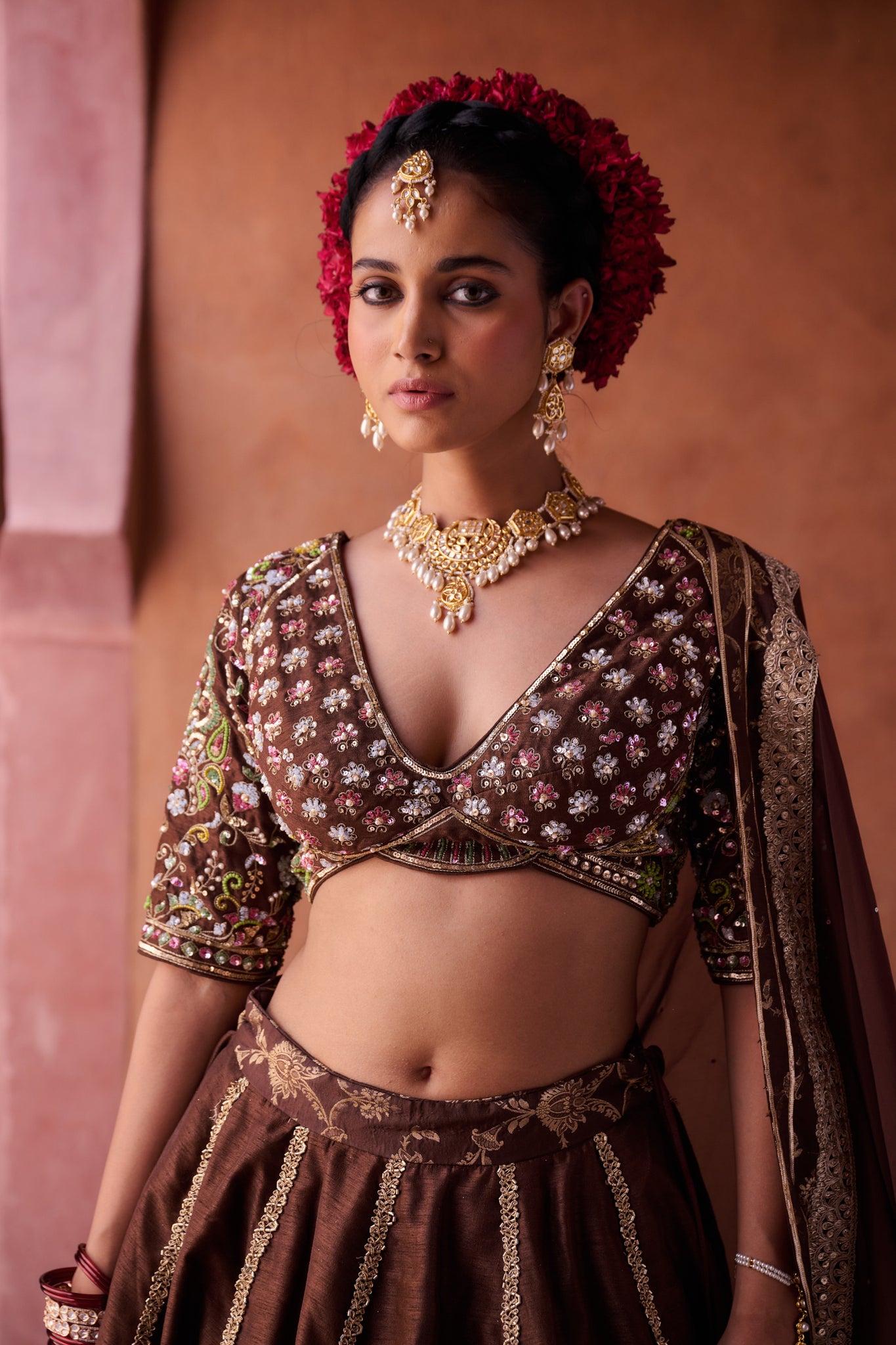 Brown upada silk blouse, lehenga and organza dupatta