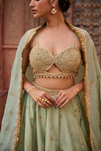 Mint green shimmer tissue Blouse, lehenga and dupatta