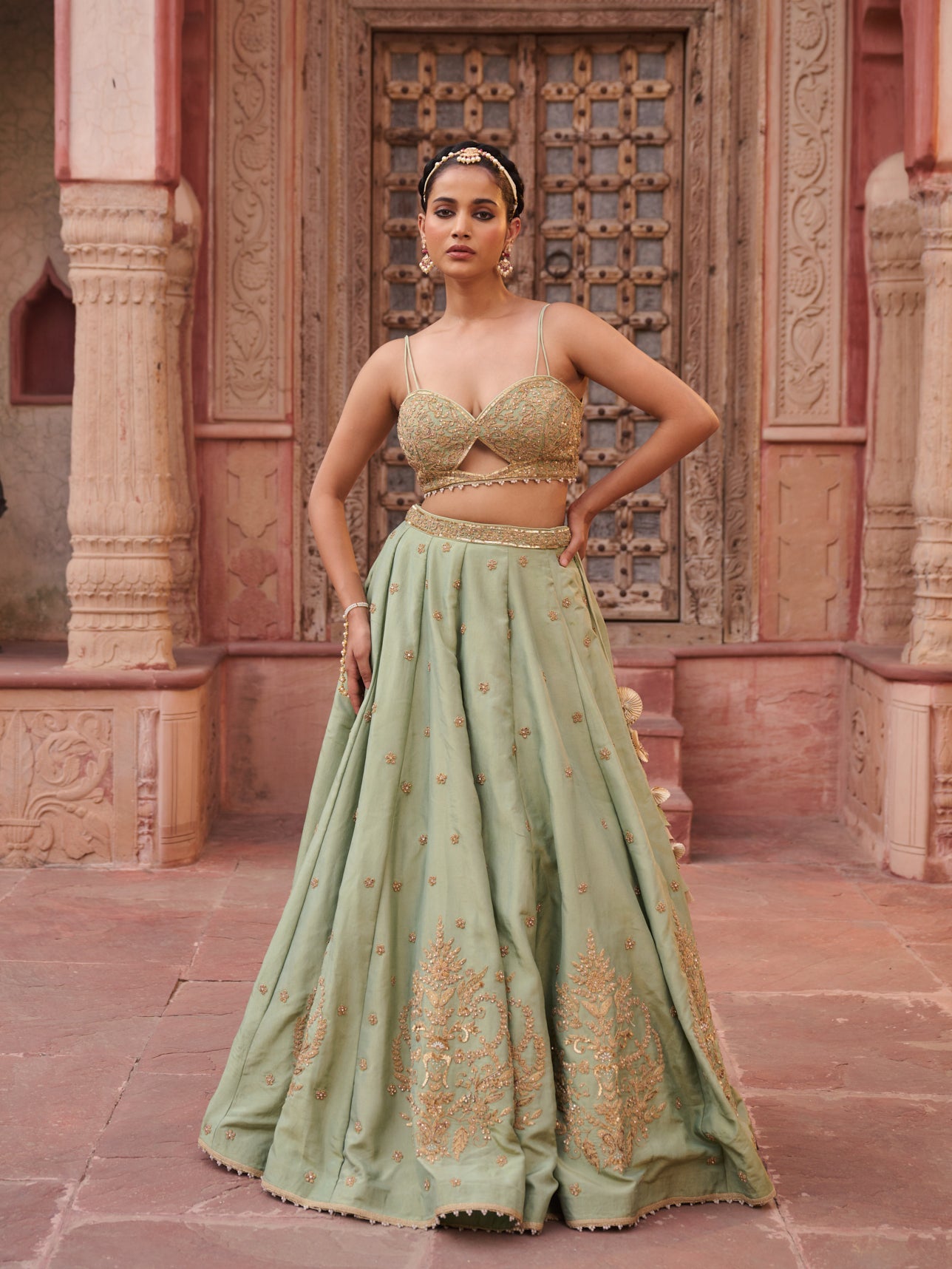 Mint green shimmer tissue Blouse, lehenga and dupatta
