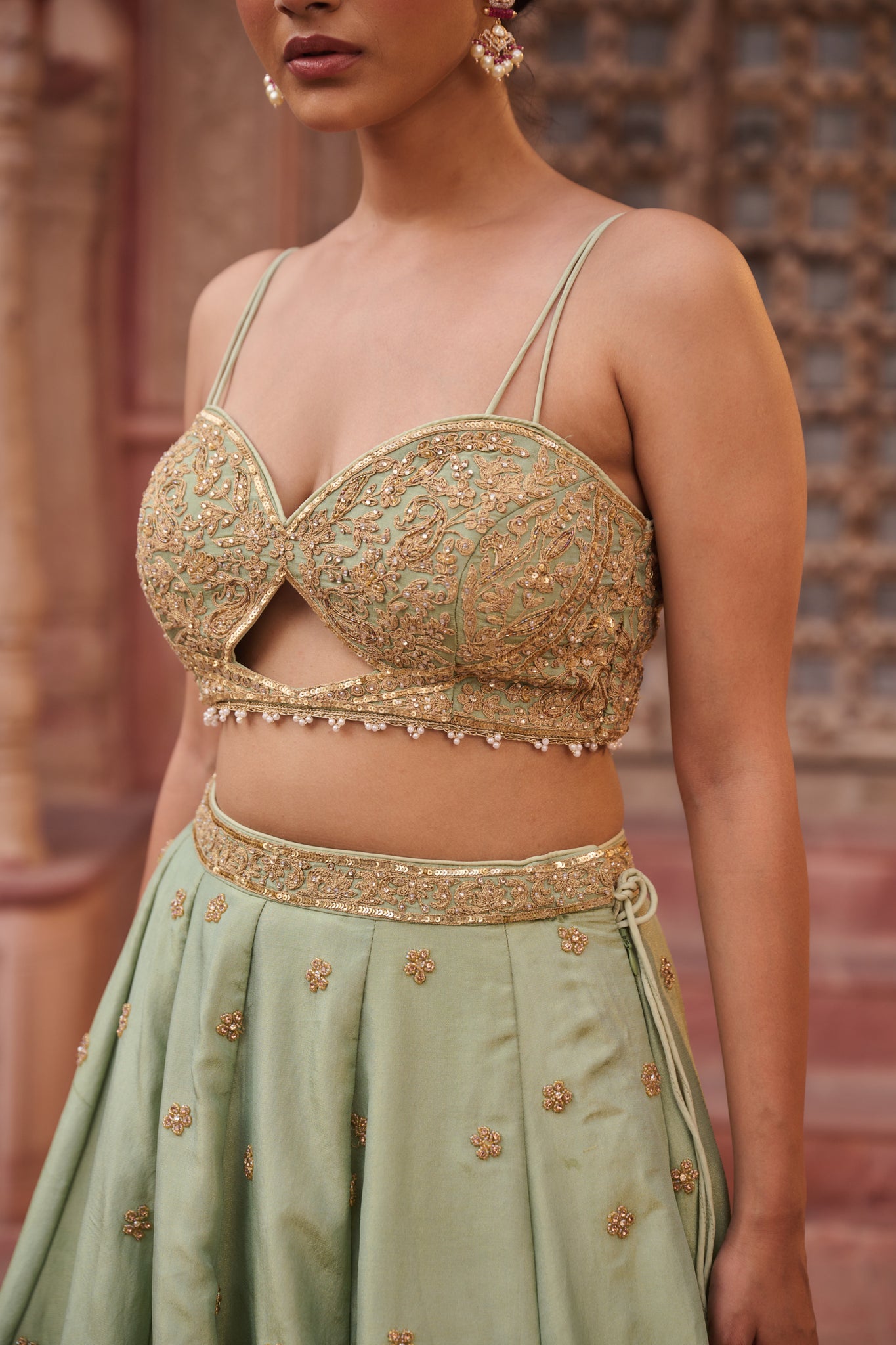 Mint green shimmer tissue Blouse, lehenga and dupatta
