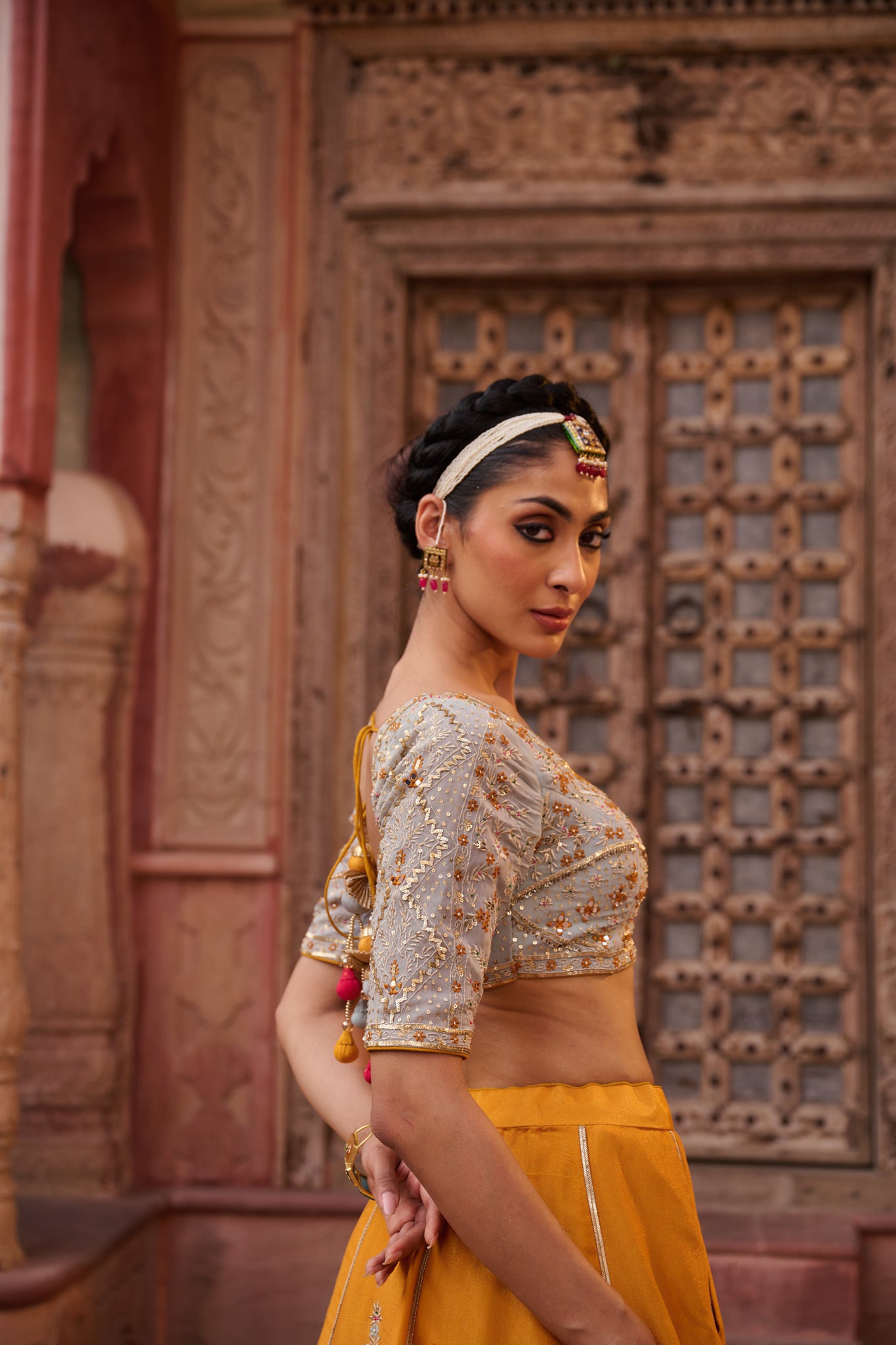 Mustard and Powder blue embroidered blouse, lehenga and dupatta