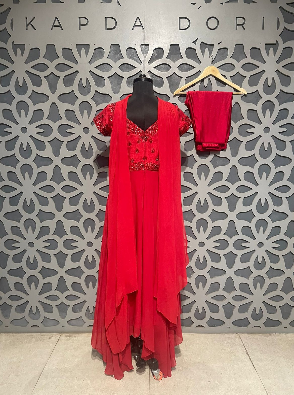 Red Asymmetrical Kurti, Churidar and Dupatta