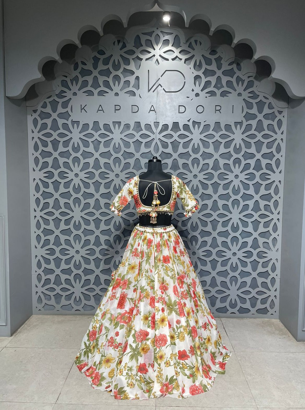 White Printed Blouse, Lehenga and Dupatta