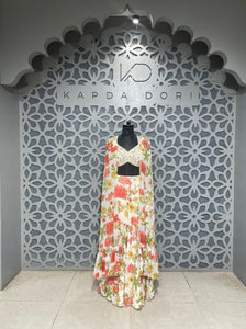 White Printed Cape, Blouse and Sharara